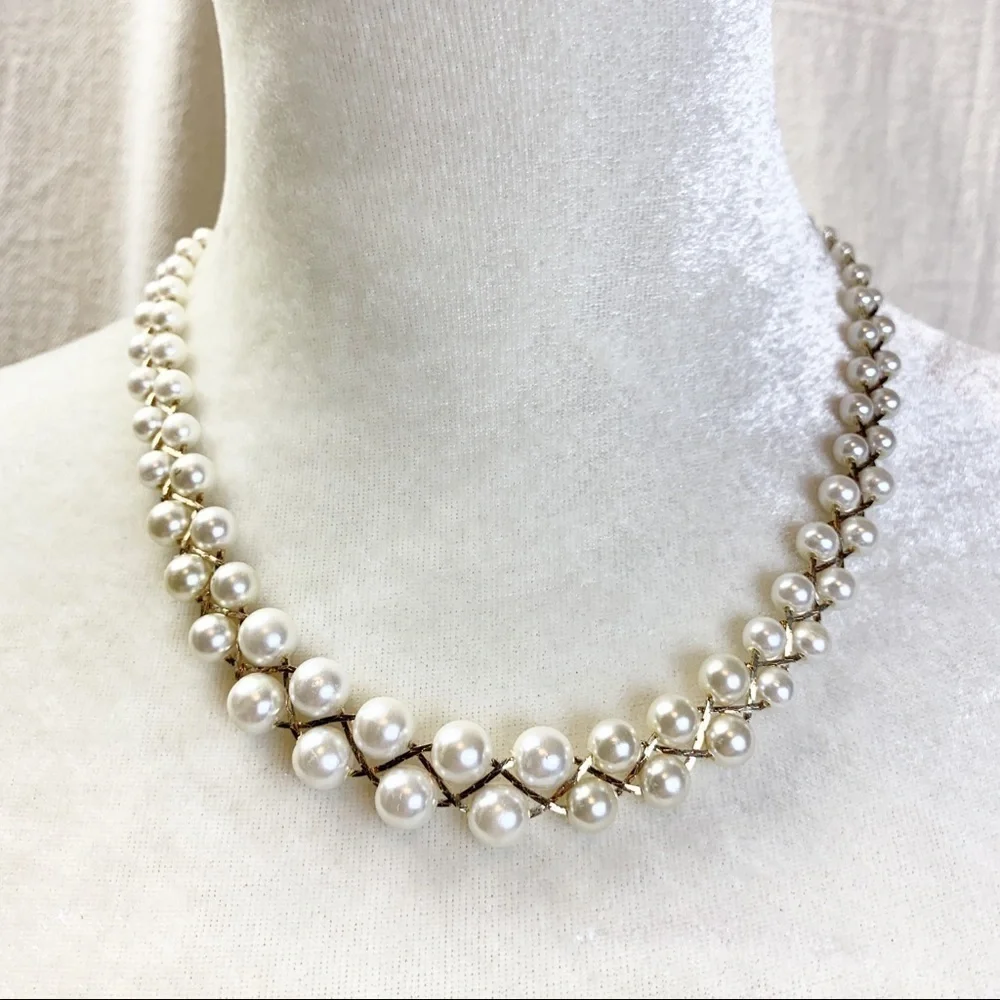 Gold Tone Chain Braided Faux White Pearl Necklace.